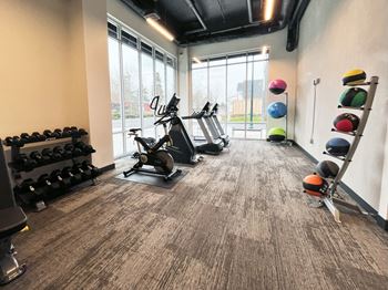 A gym with cardio machines and weights on the floor